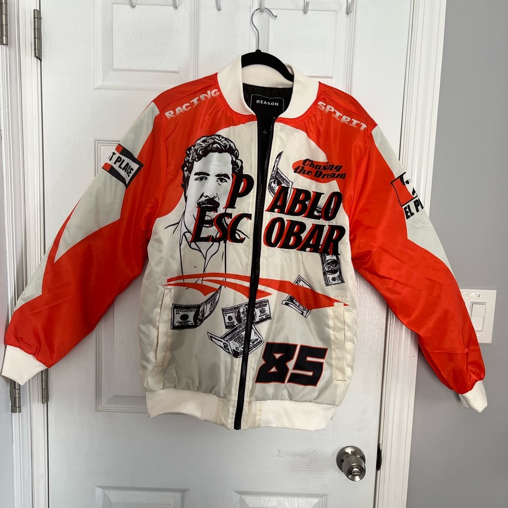 REASON PABLO ESCOBAR RACING JACKET BOMBER STYLE size Large NWT Orange White Read